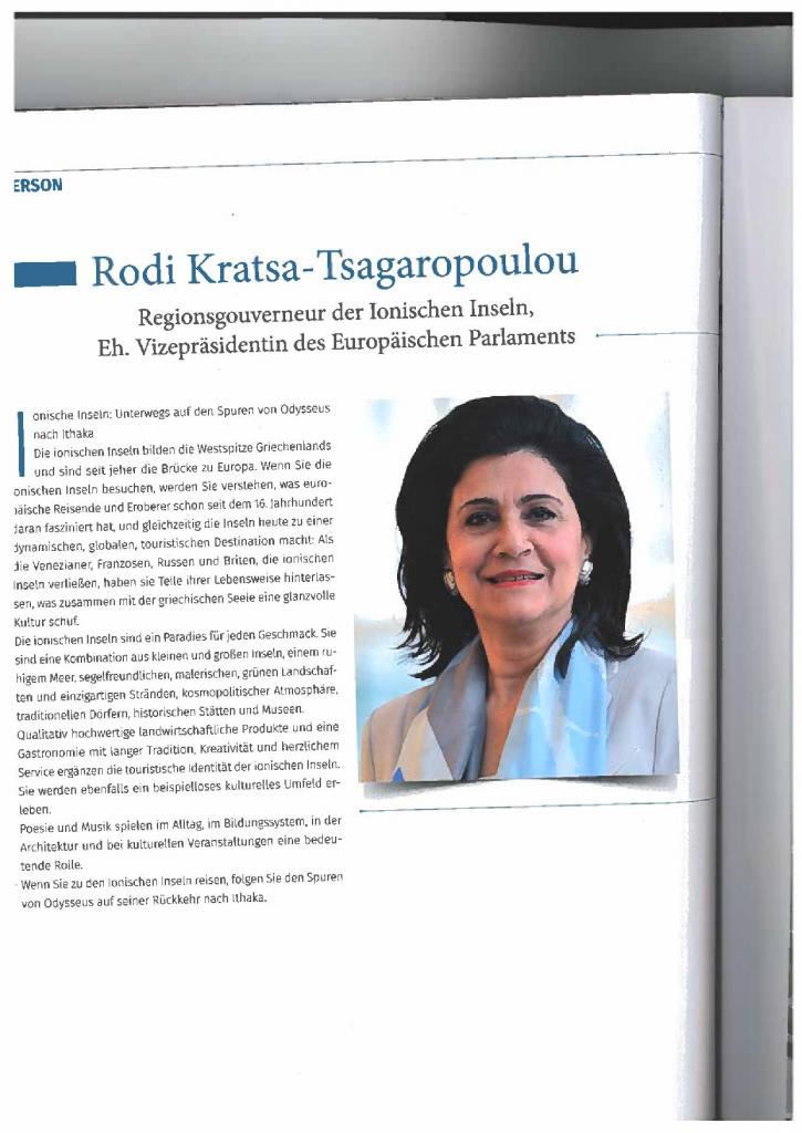 Άρθρο της Περιφερειάρχη Ιονίων Νήσων Ρόδης Κράτσα – Τσαγκαροπούλου στην ετήσια γερμανική έκδοση του περιοδικού “GELD & Tourismus” (Χρήμα & Τουρισμός”) για τη Διεθνή Έκθεση Τουρισμού ΙΤΒ Βερολίνου 2020.